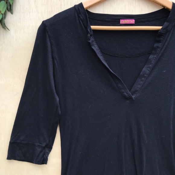 Zooey Basic Black Vneck Quarter Sleeve Tee - Picture 3 of 7